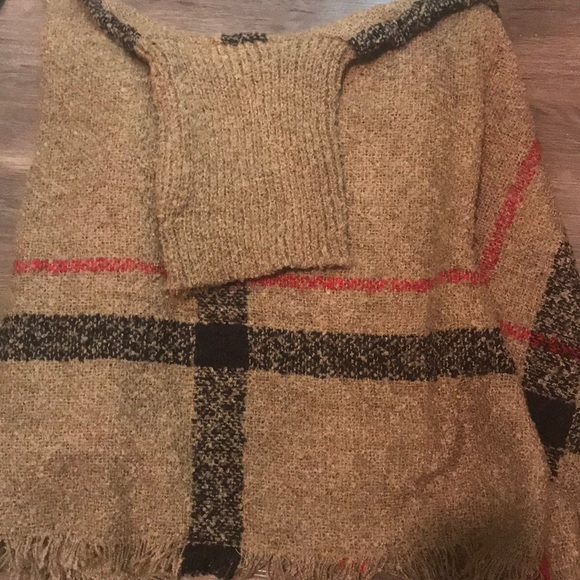 LAST 1 Mocha Plaid Stripe Turtleneck Poncho - Picture 5 of 8